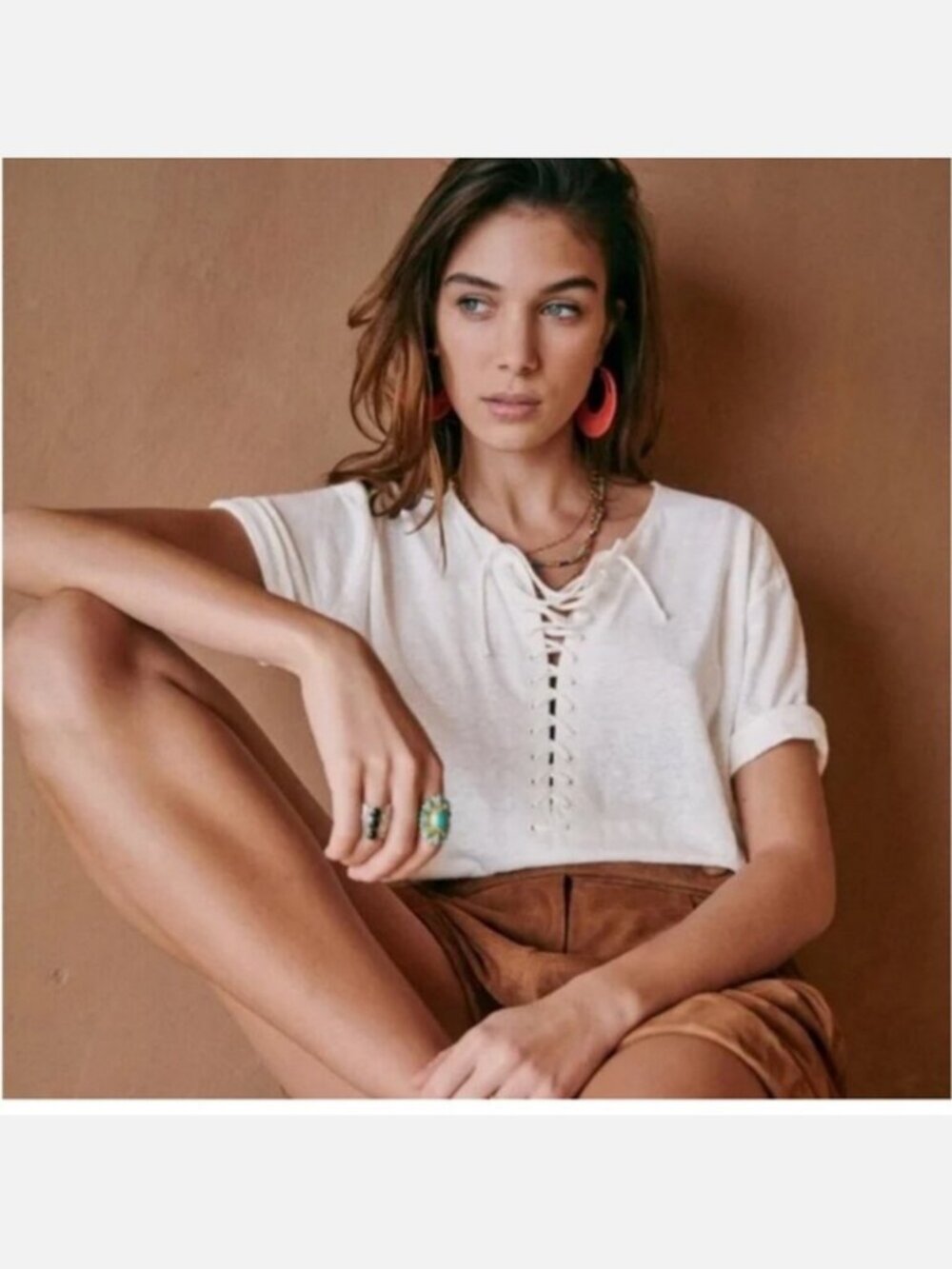 Sézane Ecru Lace-Up Short Sleeve Relaxed Tee Top XXL